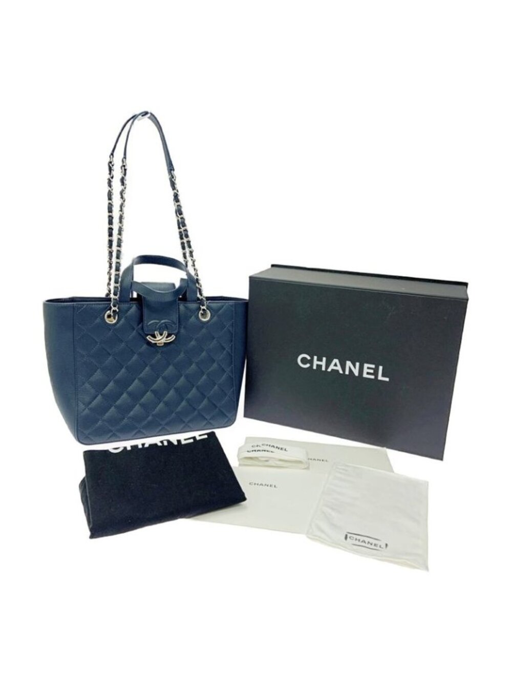 Chanel Quilted Caviar Leather Small Shopping Bag Navy Shoulder - Picture 11 of 11